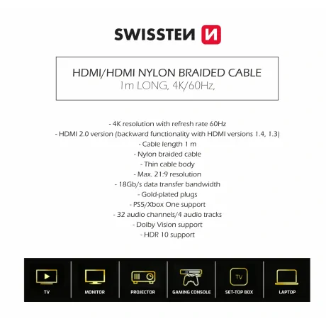 Cablu SWISSTEN HDMI la HDMI 4K 60Hz 1.0 M nailon