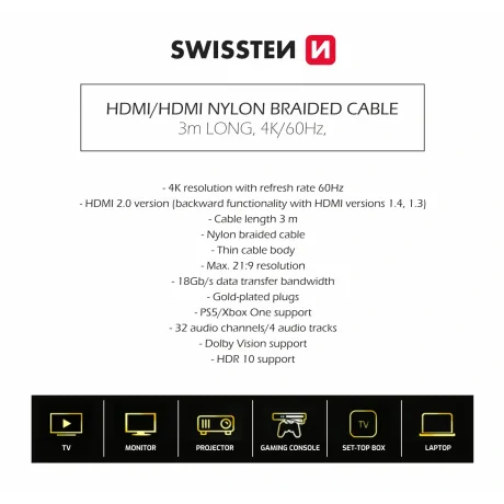 Cablu SWISSTEN HDMI la HDMI 4K 60Hz 3.0 m nailon