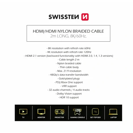 Cablu SWISSTEN HDMI la HDMI 8K 60Hz 2.0 m nailon