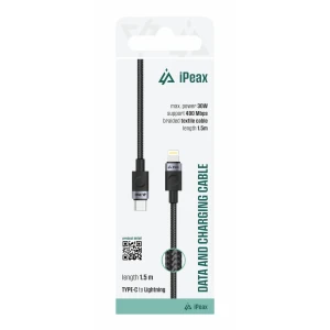 Cablu textil iPEAX FLEXLINE USB-C / LIGHTNING 1.5M, USB 2.0 Negru