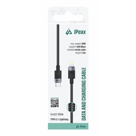 Cablu textil iPEAX FLEXLINE USB-C / LIGHTNING 1.5M, USB 2.0 Negru