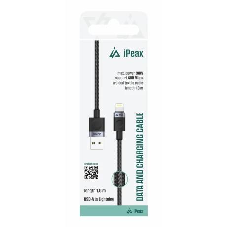 Cablu textil iPEAX USB-A / LIGHTNING 1M, USB 2.0 Negru