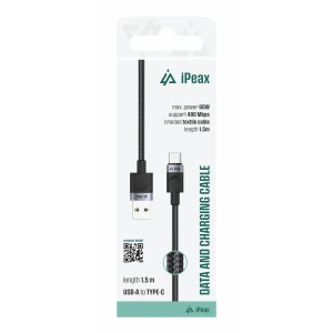 Cablu textil iPEAX USB-A / USB-C 1.5M, USB 2.0 Negru