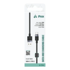 Cablu textil iPEAX USB-A / USB-C 1M, USB 2.0 Negru
