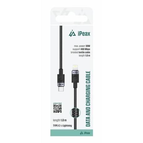 Cablu textil iPEAX USB-C / LIGHTNING 1M, USB 2.0 Negru