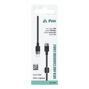 Cablu textil iPEAX USB-C / LIGHTNING 1M, USB 2.0 Negru