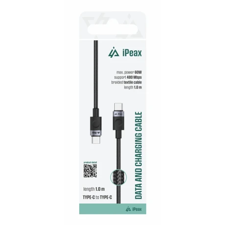 Cablu textil iPEAX USB-C / USB-C 1M, USB 2.0 Negru