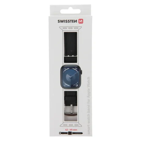 CURELĂ DIN PIELE SWISSTEN PENTRU APPLE WATCH 42 / 44 / 45 / 49 mm NEAGRĂ (cataramă argintie și clemă argintie)