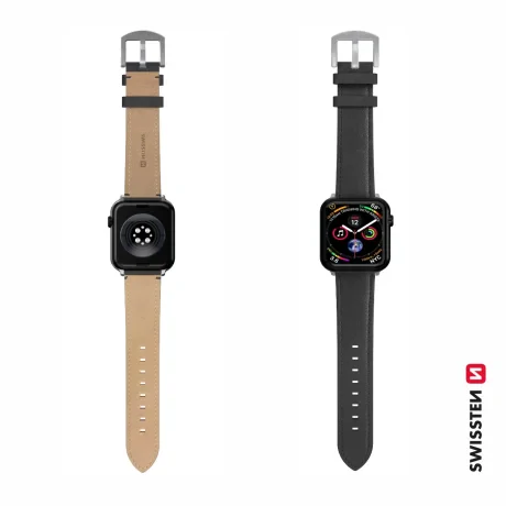 CURELĂ DIN PIELE SWISSTEN PENTRU APPLE WATCH 42 / 44 / 45 / 49 mm NEAGRĂ (cataramă argintie și clemă argintie)
