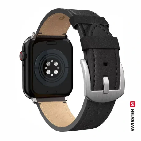 CURELĂ DIN PIELE SWISSTEN PENTRU APPLE WATCH 42 / 44 / 45 / 49 mm NEAGRĂ (cataramă argintie și clemă argintie)