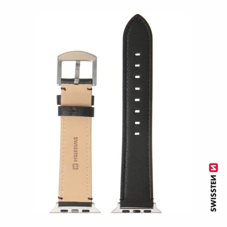 CURELĂ DIN PIELE SWISSTEN PENTRU APPLE WATCH 42 / 44 / 45 / 49 mm NEAGRĂ (cataramă argintie și clemă argintie)