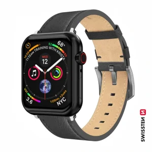 CURELĂ DIN PIELE SWISSTEN PENTRU APPLE WATCH 42 / 44 / 45 / 49 mm NEAGRĂ (cataramă argintie și clemă argintie)