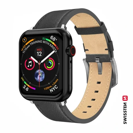 CURELĂ DIN PIELE SWISSTEN PENTRU APPLE WATCH 42 / 44 / 45 / 49 mm NEAGRĂ (cataramă argintie și clemă argintie)