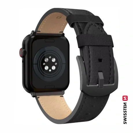 CURELĂ DIN PIELE SWISSTEN PENTRU APPLE WATCH 42 / 44 / 45 / 49 mm NEAGRĂ (cataramă neagră și clemă neagră)