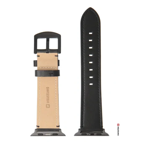 CURELĂ DIN PIELE SWISSTEN PENTRU APPLE WATCH 42 / 44 / 45 / 49 mm NEAGRĂ (cataramă neagră și clemă neagră)