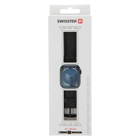 CURELĂ DIN PIELE SWISSTEN PENTRU APPLE WATCH 42 / 44 / 45 / 49 mm NEAGRĂ (cataramă neagră și clemă neagră)