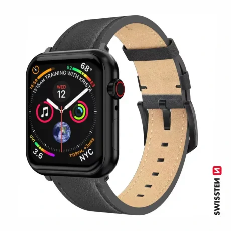 CURELĂ DIN PIELE SWISSTEN PENTRU APPLE WATCH 42 / 44 / 45 / 49 mm NEAGRĂ (cataramă neagră și clemă neagră)