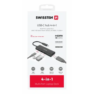 Hub USB-C SWISSTEN 4-ÎN-1 (USB-C 100W, HDMI 4K, 2x USB-A) ALUMINIU