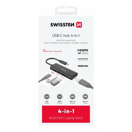 Hub USB-C SWISSTEN 4-ÎN-1 (USB-C 100W, HDMI 4K, 2x USB-A) ALUMINIU