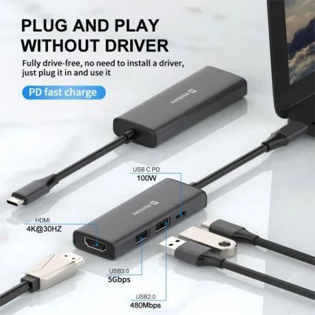 Hub USB-C SWISSTEN 4-ÎN-1 (USB-C 100W, HDMI 4K, 2x USB-A) ALUMINIU