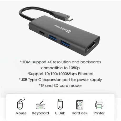 Hub USB-C SWISSTEN 4-ÎN-1 (USB-C 100W, HDMI 4K, 2x USB-A) ALUMINIU