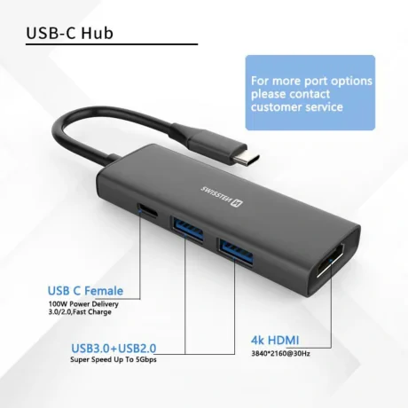 Hub USB-C SWISSTEN 4-ÎN-1 (USB-C 100W, HDMI 4K, 2x USB-A) ALUMINIU
