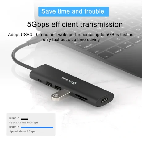 Hub USB-C SWISSTEN 7-ÎN-1 (USB-C 100W, HDMI 4K, 1x USB-A 3.0, 2x USB-A 2.0, SD, MICRO SD) ALUMINIU