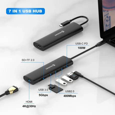 Hub USB-C SWISSTEN 7-ÎN-1 (USB-C 100W, HDMI 4K, 1x USB-A 3.0, 2x USB-A 2.0, SD, MICRO SD) ALUMINIU