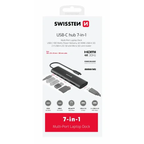 Hub USB-C SWISSTEN 7-ÎN-1 (USB-C 100W, HDMI 4K, 1x USB-A 3.0, 2x USB-A 2.0, SD, MICRO SD) ALUMINIU