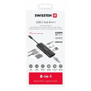 Hub USB-C SWISSTEN 8-ÎN-1 (USB-C 100W, HDMI 4K, LAN RJ45, 2x USB-A, 1x USB-C 5GBps, SD, MICRO SD) ALUMINIU