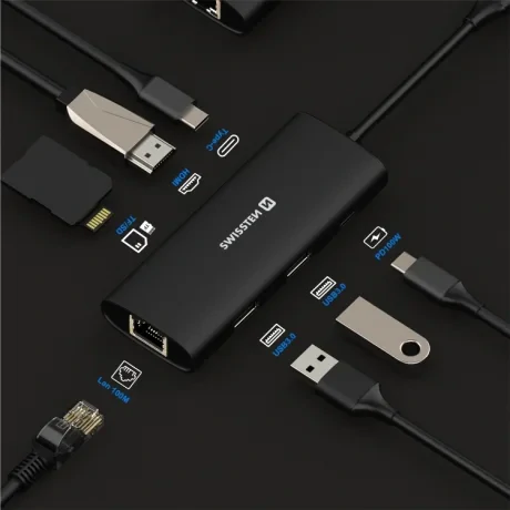 Hub USB-C SWISSTEN 8-ÎN-1 (USB-C 100W, HDMI 4K, LAN RJ45, 2x USB-A, 1x USB-C 5GBps, SD, MICRO SD) ALUMINIU