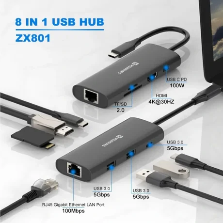 Hub USB-C SWISSTEN 8-ÎN-1 (USB-C 100W, HDMI 4K, LAN RJ45, 2x USB-A, 1x USB-C 5GBps, SD, MICRO SD) ALUMINIU