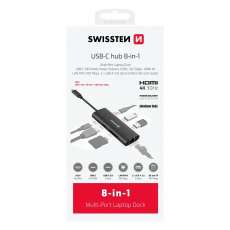 Hub USB-C SWISSTEN 8-ÎN-1 (USB-C 100W, HDMI 4K, LAN RJ45, 2x USB-A, 1x USB-C 5GBps, SD, MICRO SD) ALUMINIU