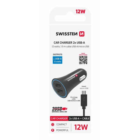 Încărcător auto Swissten 2.4A cu 2x USB + cablu Micro USB