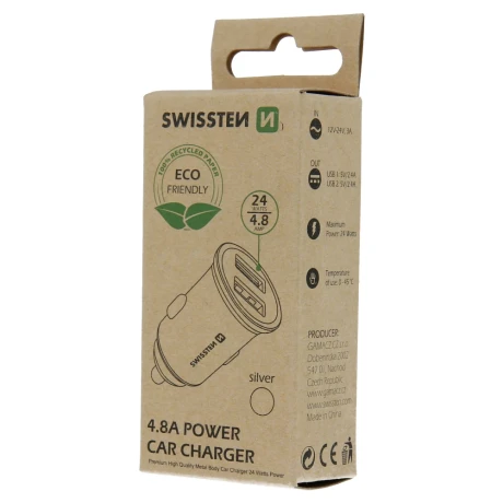 ÎNCĂRCĂTOR AUTO SWISSTEN 2x USB 4.8A METAL ARGINTIU (PACHET ECO)