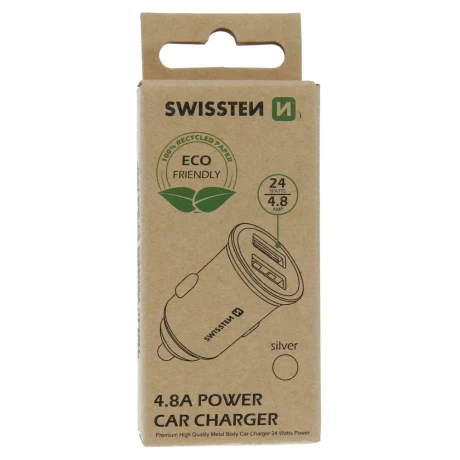 ÎNCĂRCĂTOR AUTO SWISSTEN 2x USB 4.8A METAL ARGINTIU (PACHET ECO)