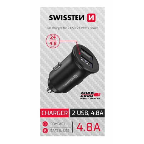 ÎNCĂRCĂTOR AUTO SWISSTEN 2x USB 4.8A NEGRU METAL (CUTIE CDU SWISSTEN)