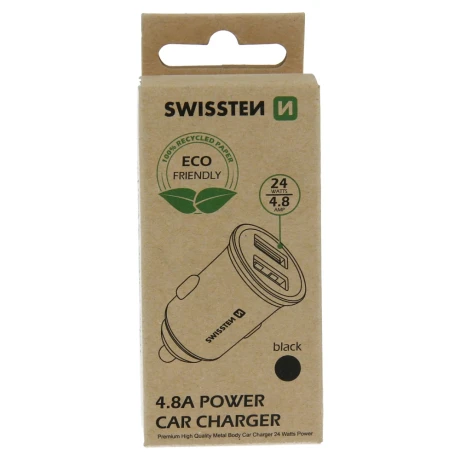 ÎNCĂRCĂTOR AUTO SWISSTEN 2x USB 4.8A NEGRU METAL (PACHET ECO)
