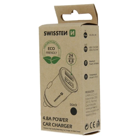 ÎNCĂRCĂTOR AUTO SWISSTEN 2x USB 4.8A NEGRU METAL (PACHET ECO)