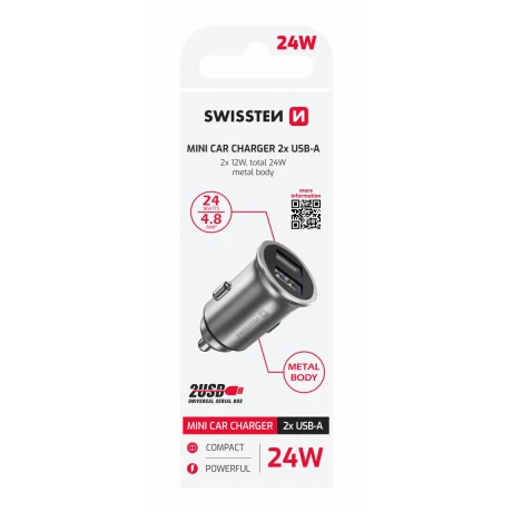 ÎNCĂRCĂTOR AUTO SWISSTEN CU 2x USB 4.8A METAL ARGINTIU