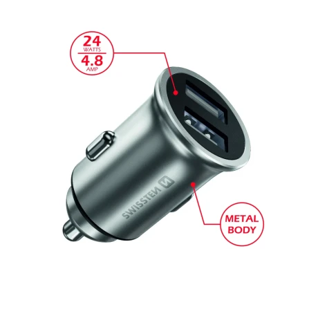 ÎNCĂRCĂTOR AUTO SWISSTEN CU 2x USB 4.8A METAL ARGINTIU