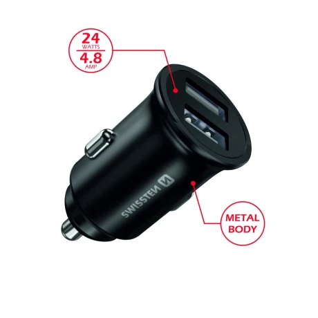 Încărcător auto Swissten cu 2x USB 4.8A, negru metalic