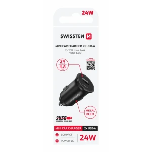 Încărcător auto Swissten cu 2x USB 4.8A, negru metalic