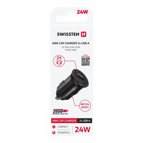 Încărcător auto Swissten cu 2x USB 4.8A, negru metalic