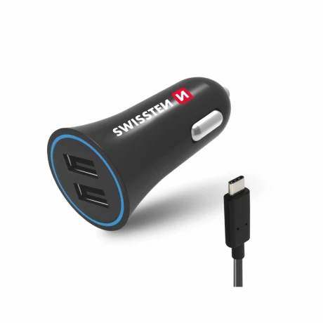 Încărcător auto SWISSTEN cu alimentare de 2.4A și 2x USB + cablu USB-C