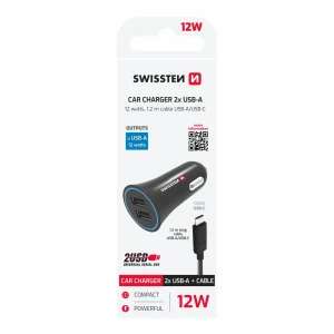 Încărcător auto SWISSTEN cu alimentare de 2.4A și 2x USB + cablu USB-C