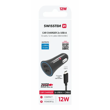 Încărcător auto SWISSTEN cu alimentare de 2.4A și 2x USB + cablu USB-C