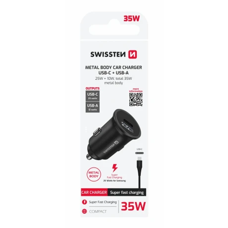 ÎNCĂRCĂTOR AUTO SWISSTEN PENTRU SAMSUNG ÎNCĂRCARE SUPER RAPIDĂ 25W + CABLU DE DATE USB-C/USB-C 1.2 M NEGRU