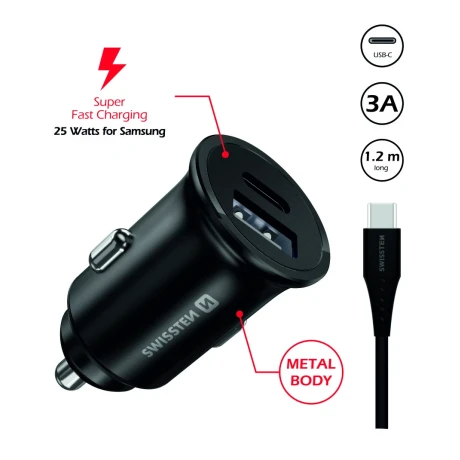 ÎNCĂRCĂTOR AUTO SWISSTEN PENTRU SAMSUNG ÎNCĂRCARE SUPER RAPIDĂ 25W + CABLU DE DATE USB-C/USB-C 1.2 M NEGRU