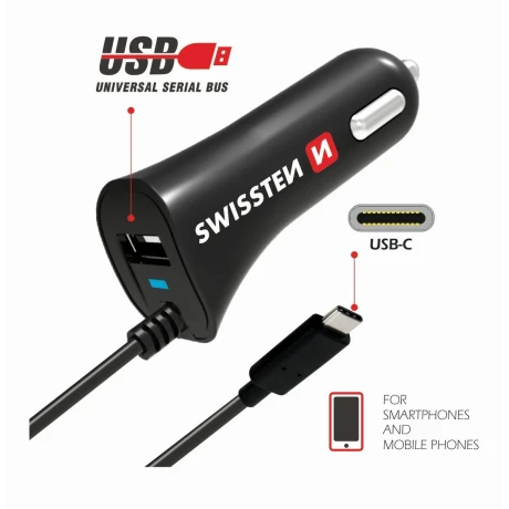 ÎNCĂRCĂTOR AUTO SWISSTEN USB-C ȘI USB 2.4A PUTERE